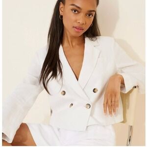 Anthropologie Cropped Double Breasted White Blazer Jacket XL Preppy Coastal Work